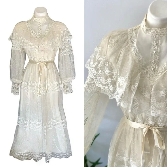 v i n t a g e :: Romantic Cottagecore Floral Lace Maxi Dress Bishop Sleeves - Picture 1 of 16